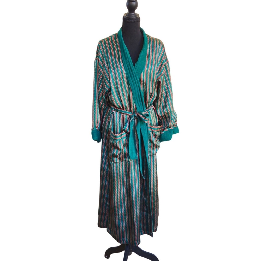 Vintage Victoria's Secret Robe Gold Label One Size OS Green Striped Terry Satin